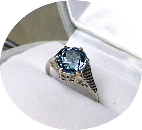 Estate Art Deco Ring – LONDON Blue Topaz – Solid 14kK White Gold Filigree Mtg…