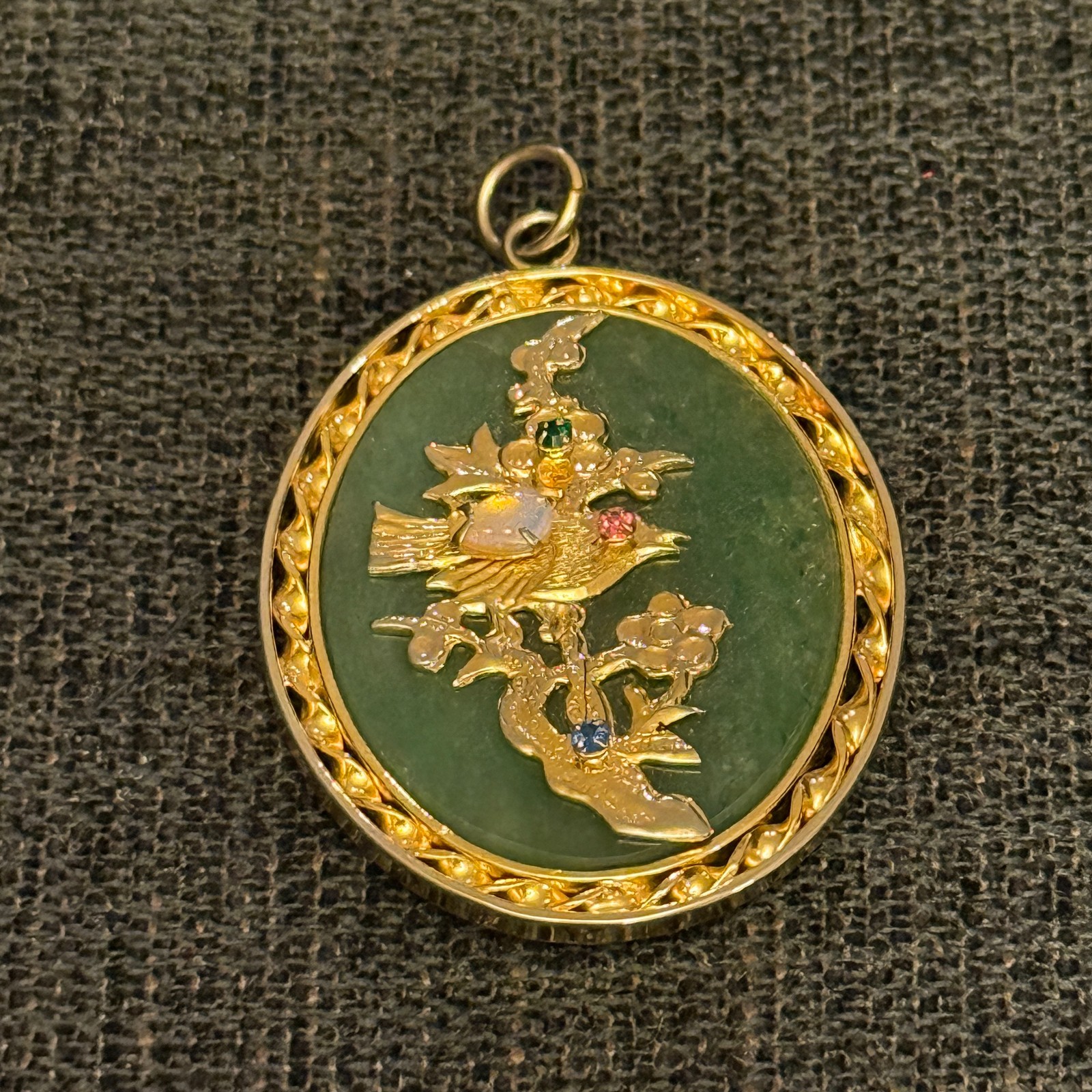 VTG Chinese Jade Pendant Opal Ruby Sapphire Emerald Bird Gold Tone Reversible Fu