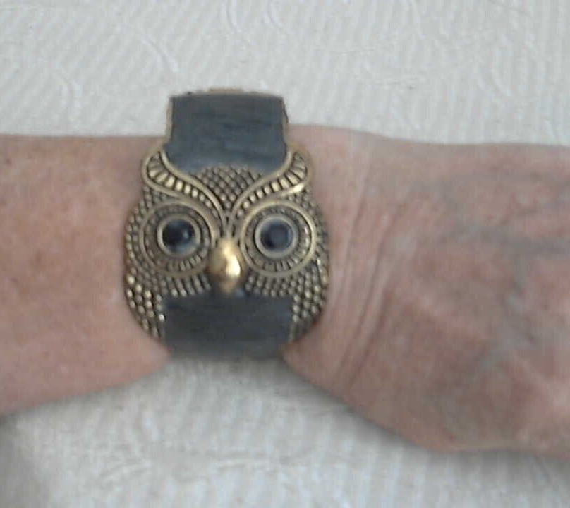 Enamel Antique Gold Finish Owl Clamp Bracelet 2″ Wide DGray Enamel