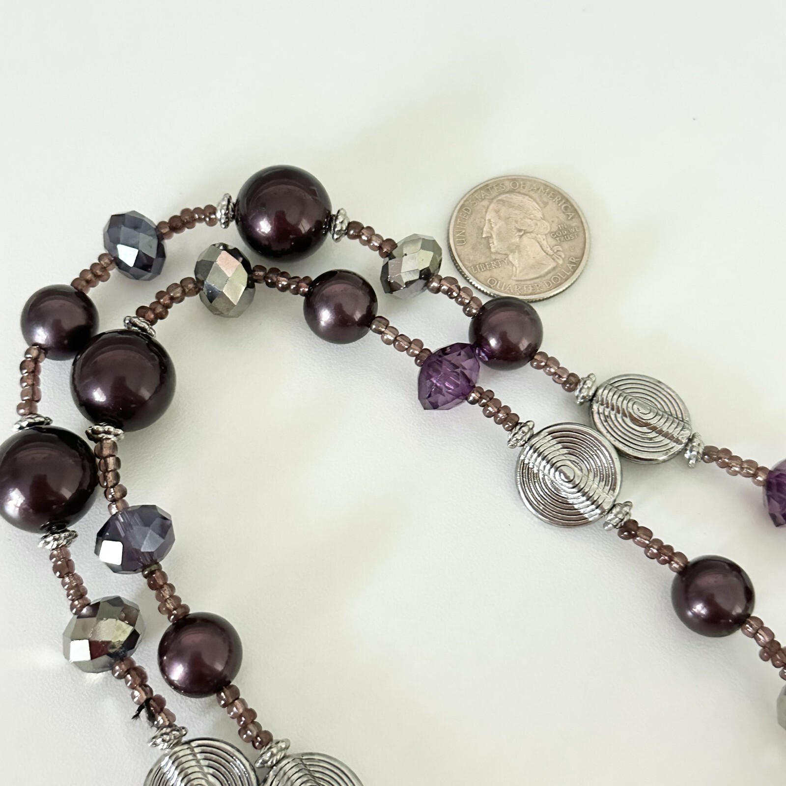 Vintage Purple & Silver Faceted Crystal Plum Acrylic Beaded Long Necklace 42″