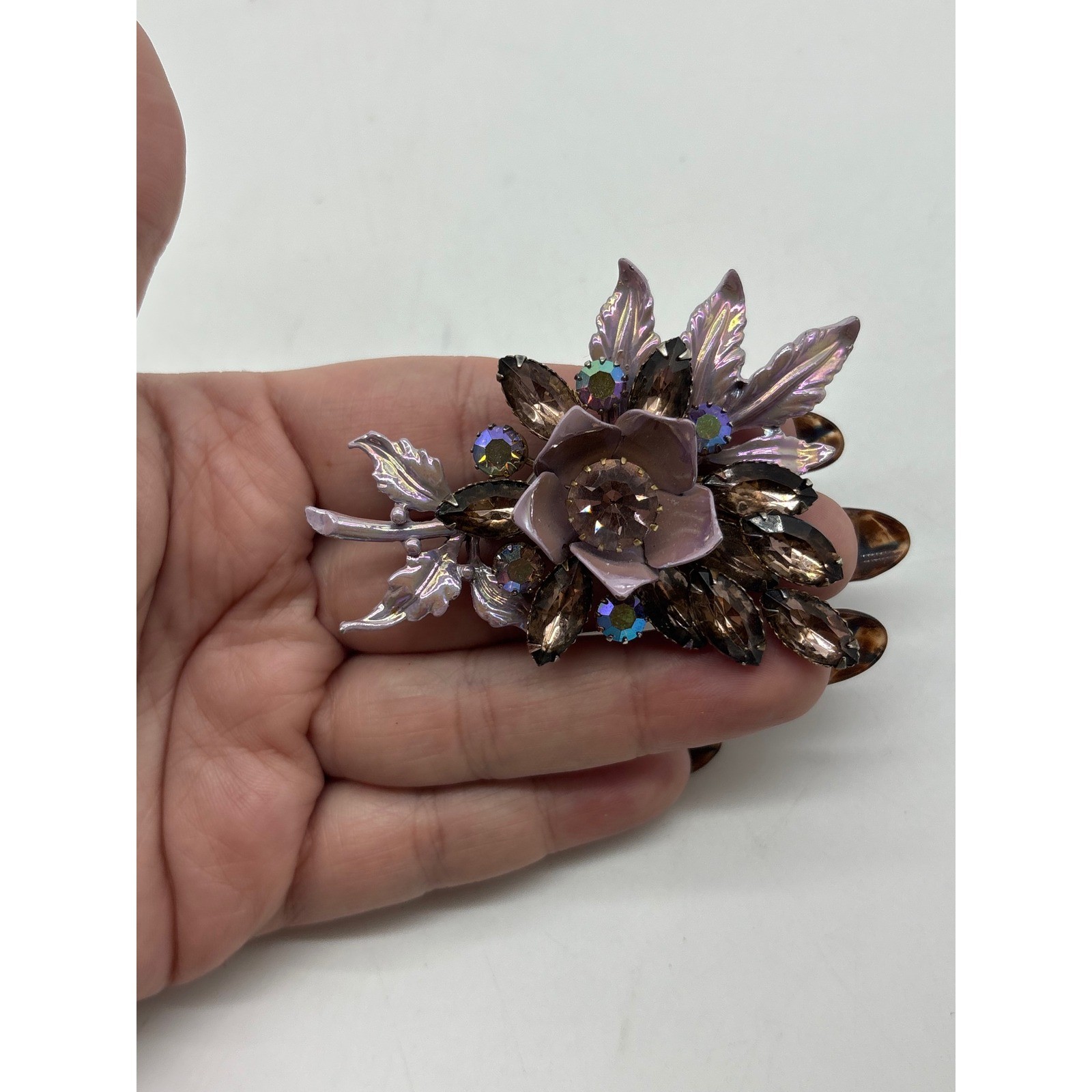 Vintage Purple Enamel Flower Bouquet Brooch Aurora Borealis Rhinestone