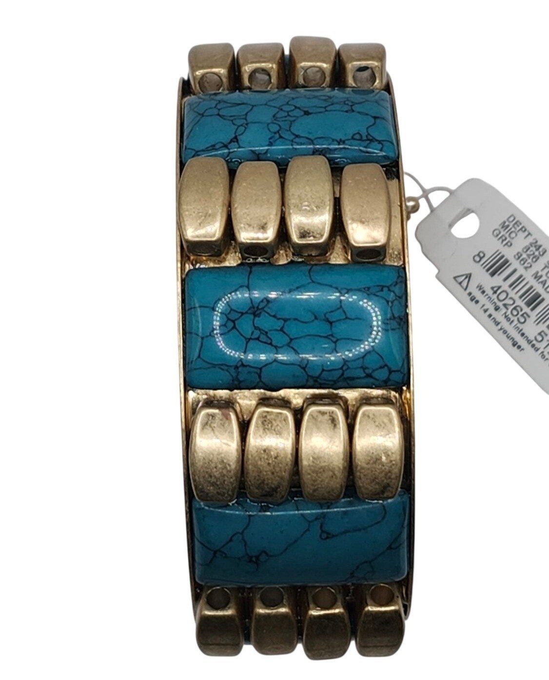 Vintage Brass & Faux Turquoise Bangle Bracelet 2.5″ Diameter Bold Statement Jewe