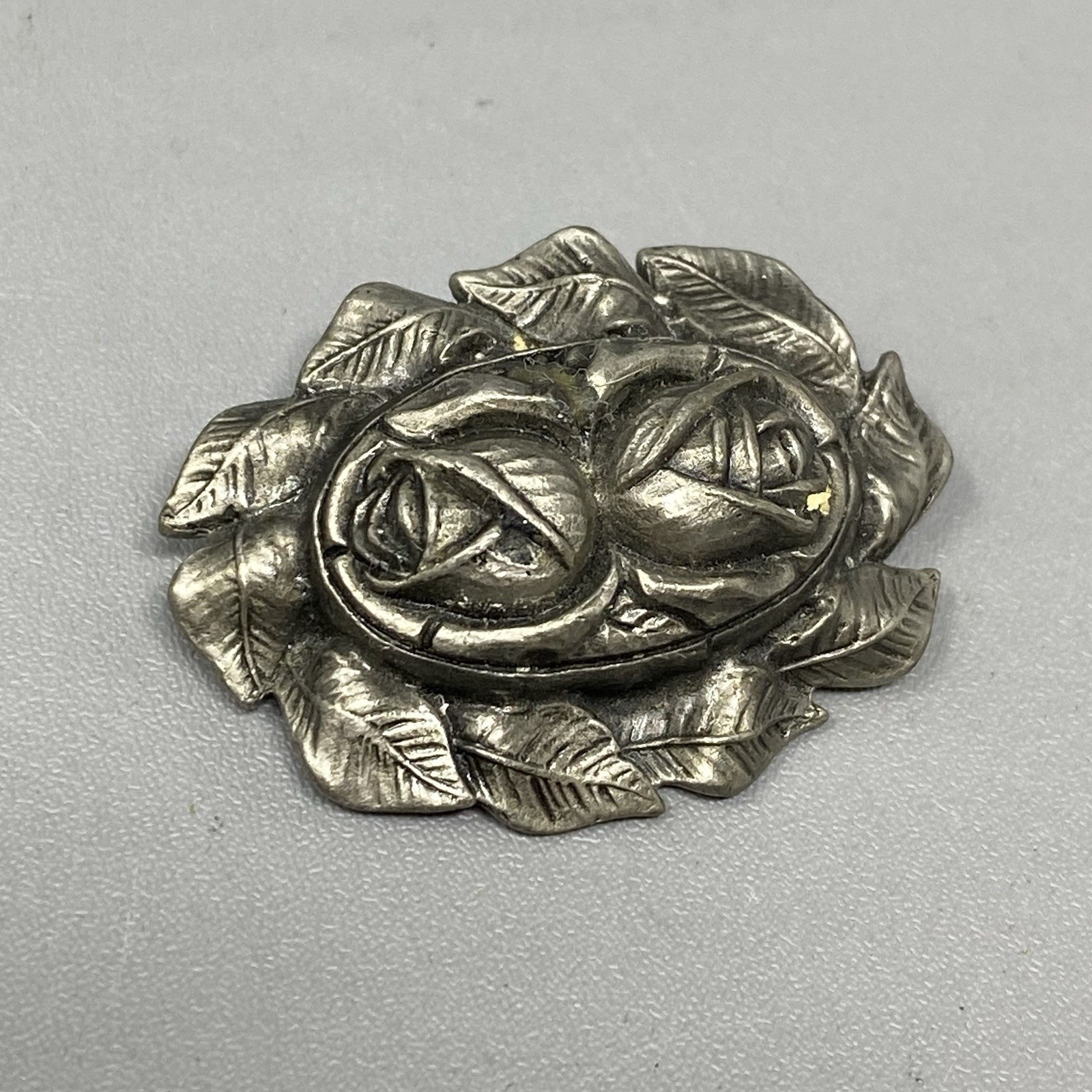 White Swan VTG Pewter Brooch Pin Double Rose Leaf Stacked Edge Silver Tone 1991