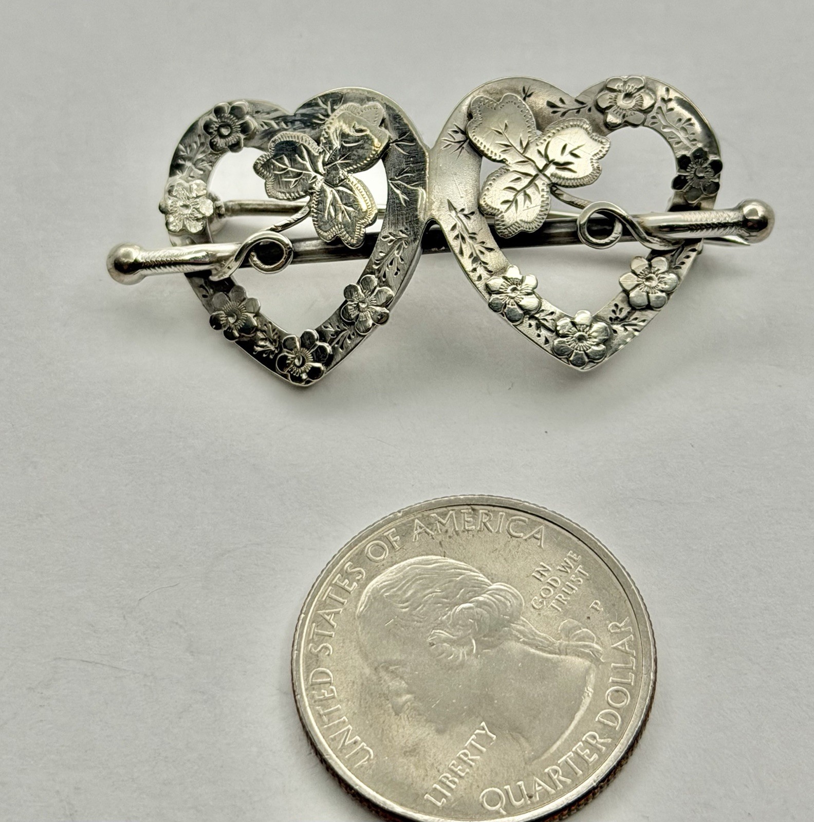 Victorian Sweetheart Entwined Hearts & Clover Sterling Hallmarked Brooch 1891