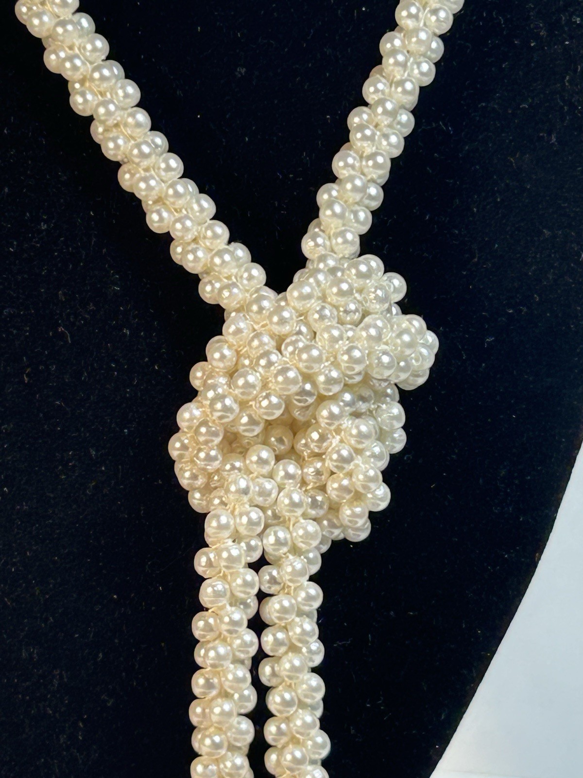 Vintage Faux Pearl Lariat Necklace Multi Strand Woven Tassel Wrap Cream 48 Inch