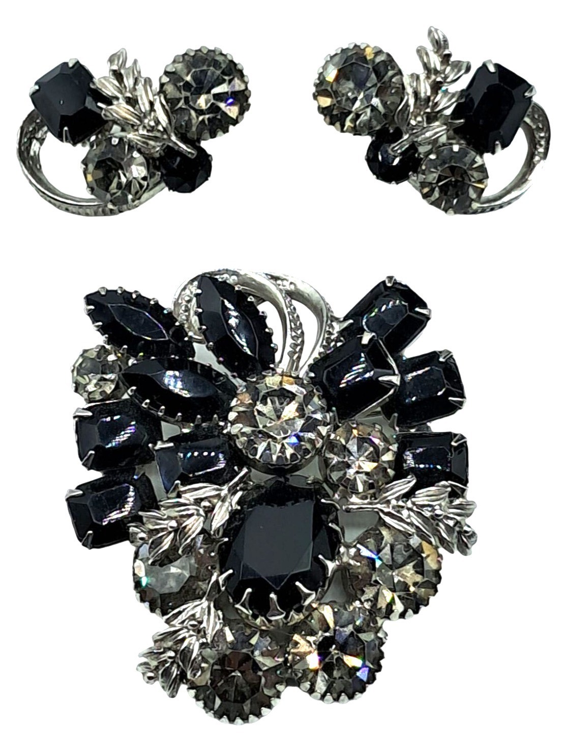 Vintage Rhinestone Brooch Earrings Set Black Clear Rhinestones Jewelry