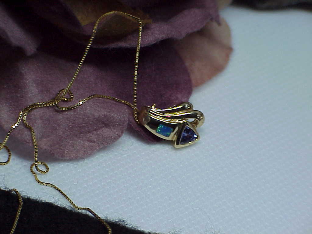 14K Black Opal Trillion Tanzanite 2 Diamond Pendant Necklace Yellow Gold New Tag