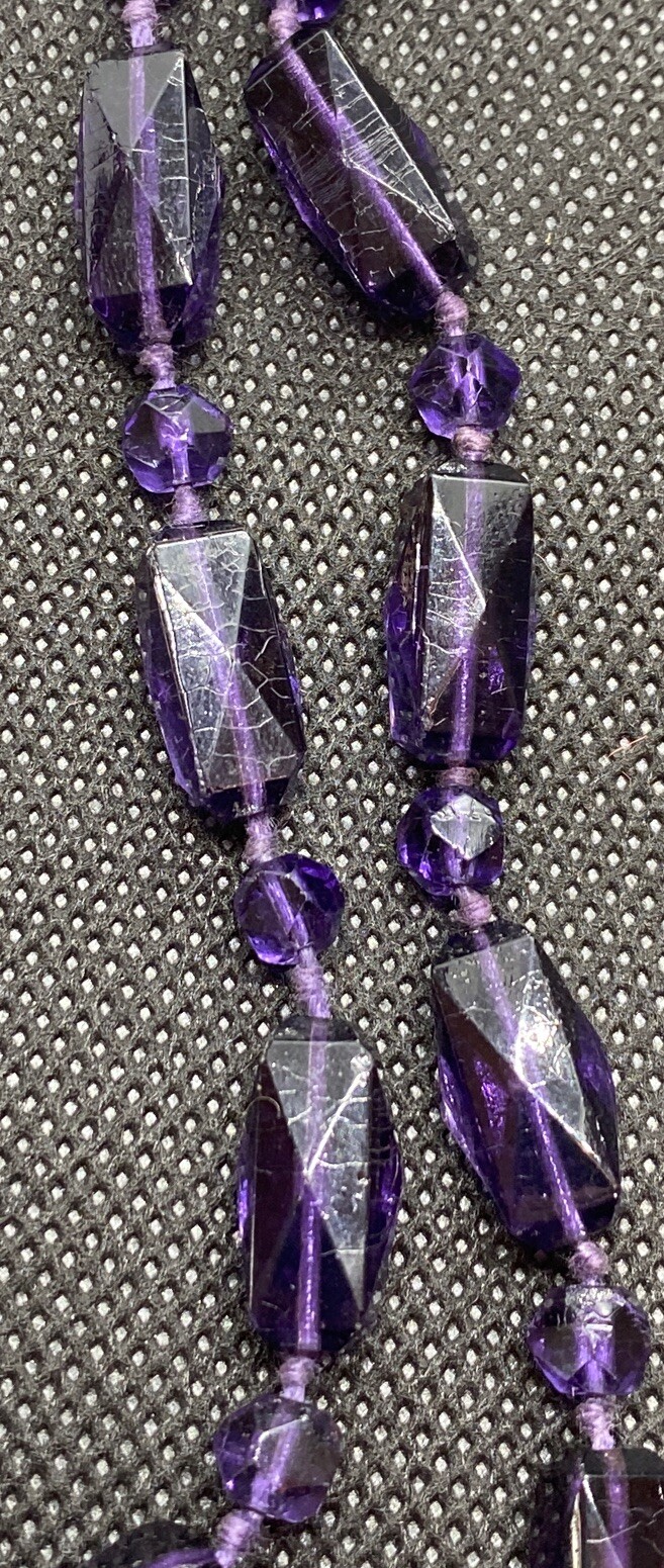 1920s Art Deco Necklace Faceted Amethyst Hand Knot Bead Opera Length 57 in