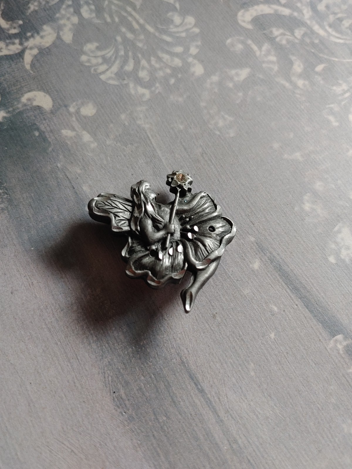 Vintage brooch fairy faerie pewter metal wand crystal rhinestone