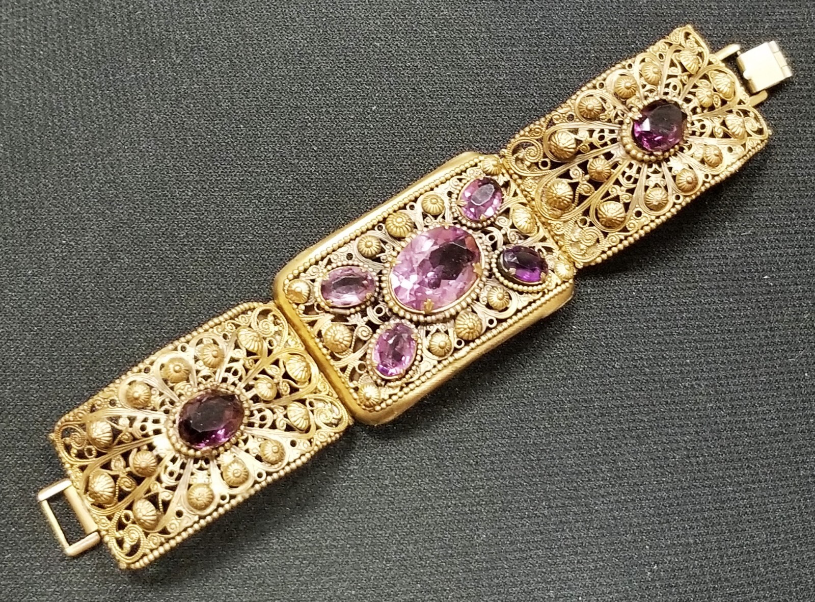 Georgian Style Czech Open Back Amethyst Cannetille Wire Work Panel Bracelet