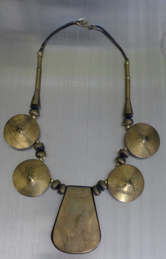 Estate Vintage Large Metal /Resin/Leather Cord Statement BOHO Tribal Necklace