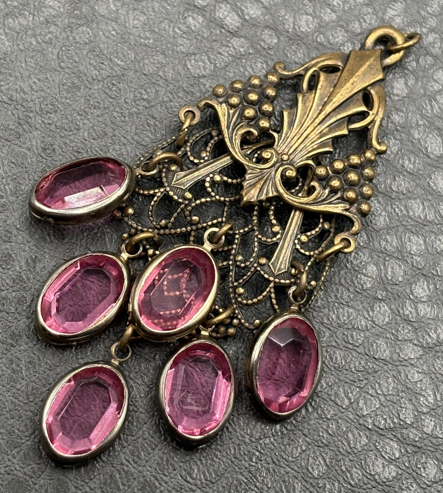 VTG Nouveau Revival Brass Tone Crystal Station Pendant Filigree Chandelier Style