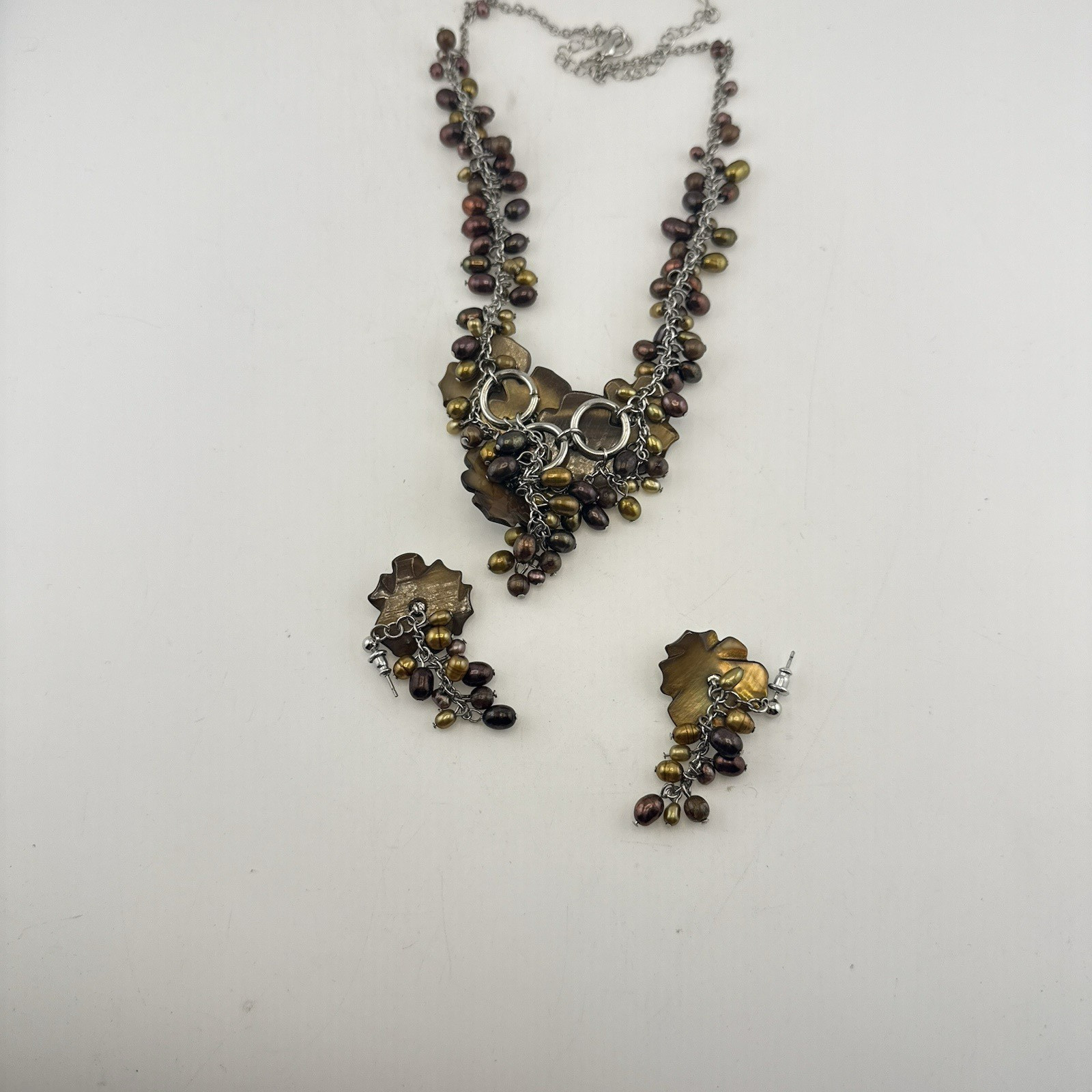 Tigers Eye Pearl Necklace Earrings Set Floral Waterfall Cluster Silver Tone QVC