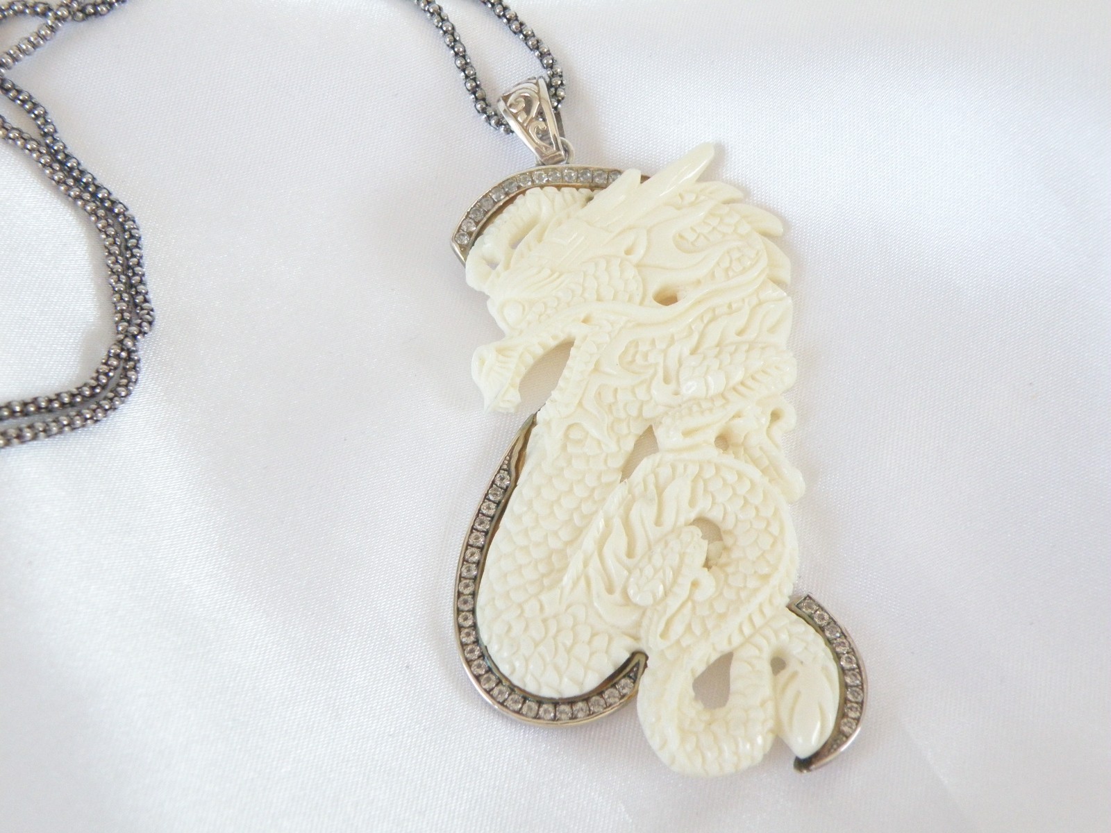 Huge Samuel B Carved CZ Dragon Statement Pendant Popcorn Mesh Necklace