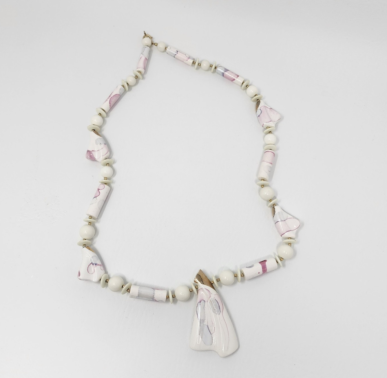 Vtg 80s Japan Hand Painted Pink Watercolor Ceramic Necklace Chunky Statement 30″