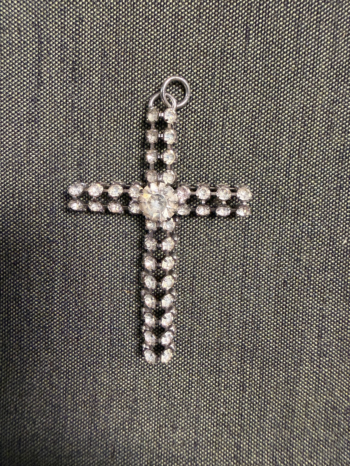 Vintage Metal and White Gem Stone 2″ Cross Pendant Silver Tone