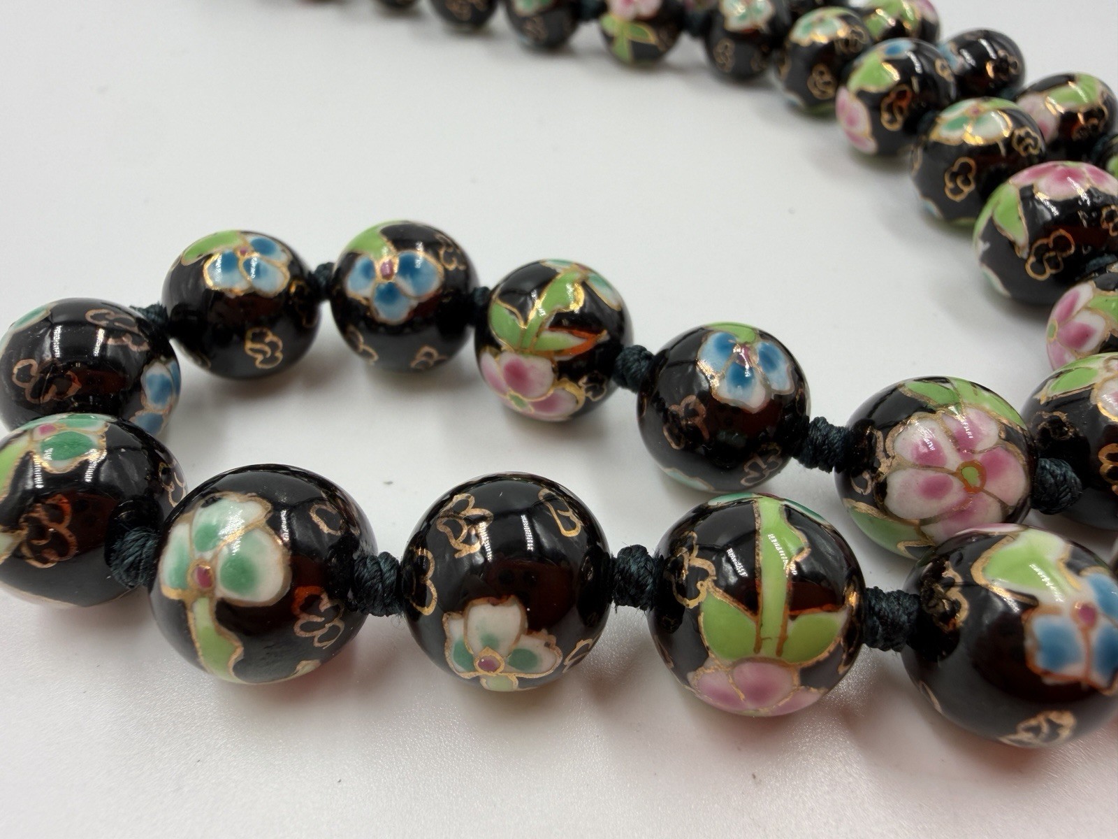 Vintage Necklace Chinese Export Black Round Floral Hand Knot 26 in 11mm