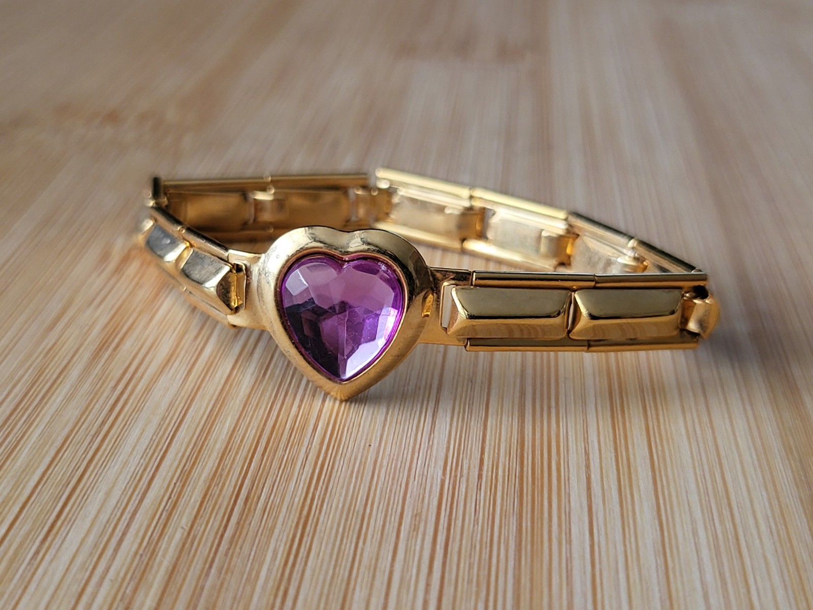 Vtg Sweetheart Bracelet Purple Heart Crystal Expanding Childs Bracelet 5″ to 5¾”