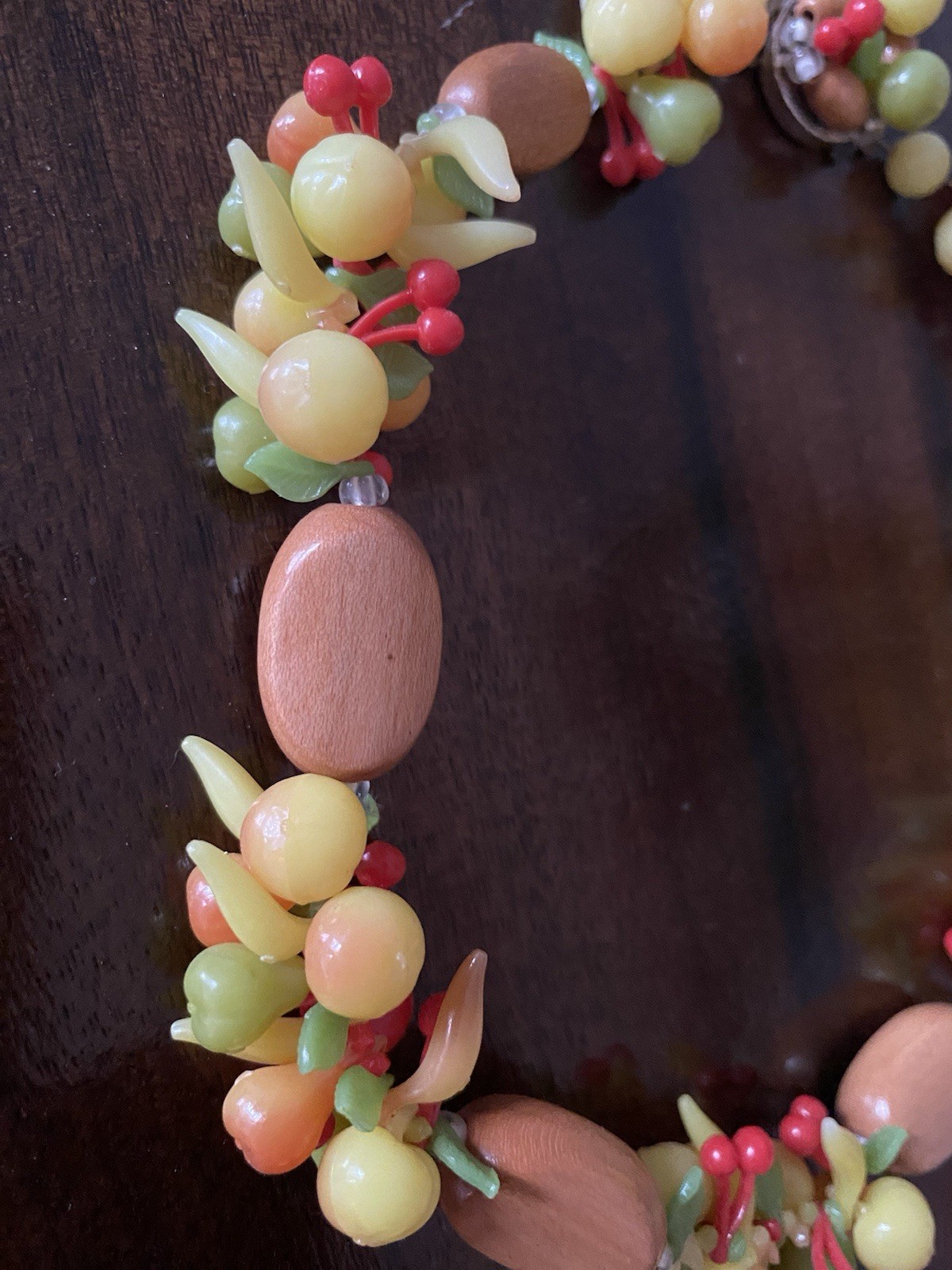Mid Century Wood And Lucite Fruit Salad Necklace- West German