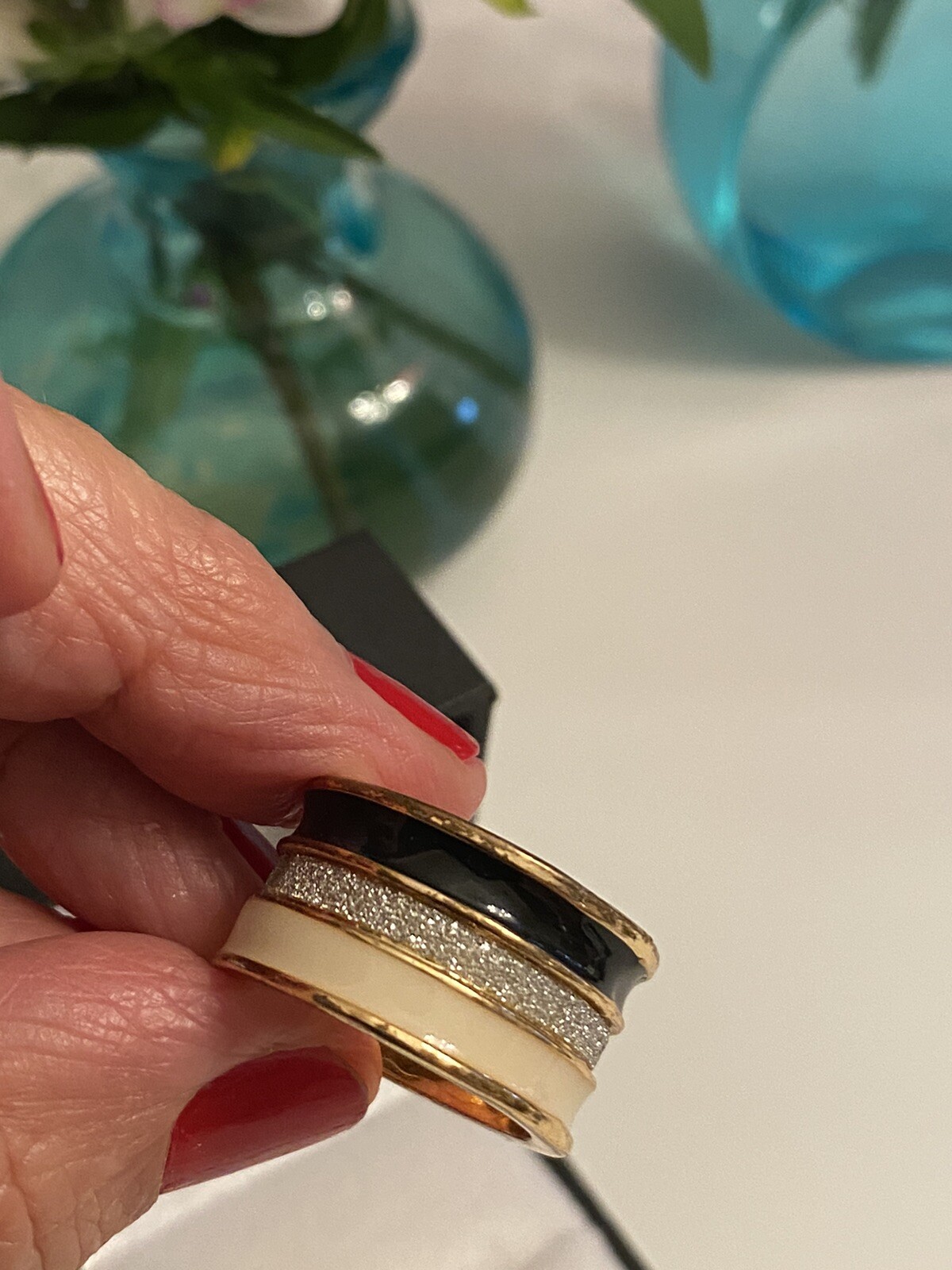 Vintage Enamel Paved Crystal Wide Band Ring