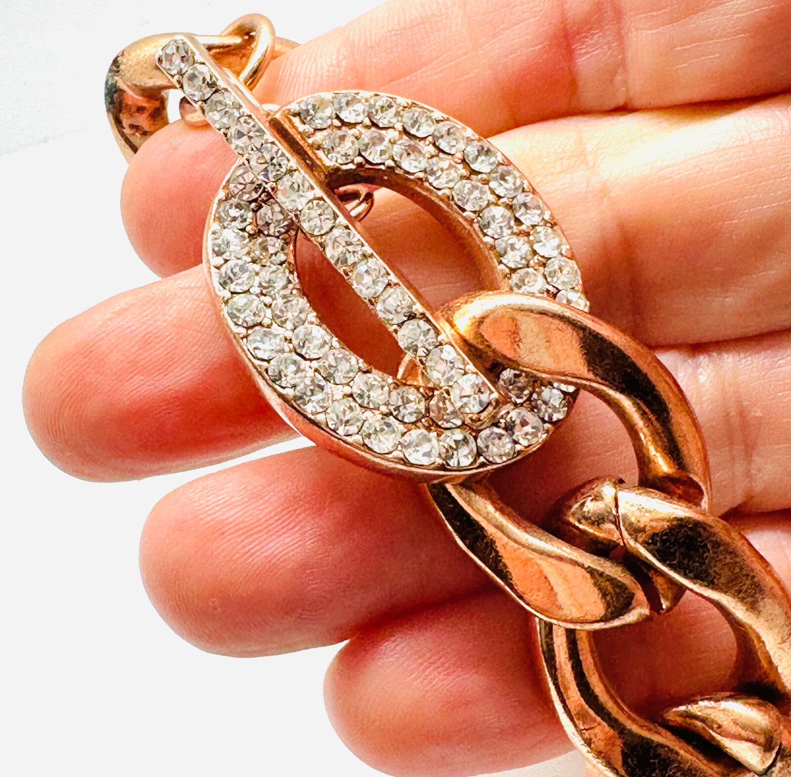Vtg Copper Color Chunky Link Rhinestone Toggle Bracelet 7.5″ Minty Condition