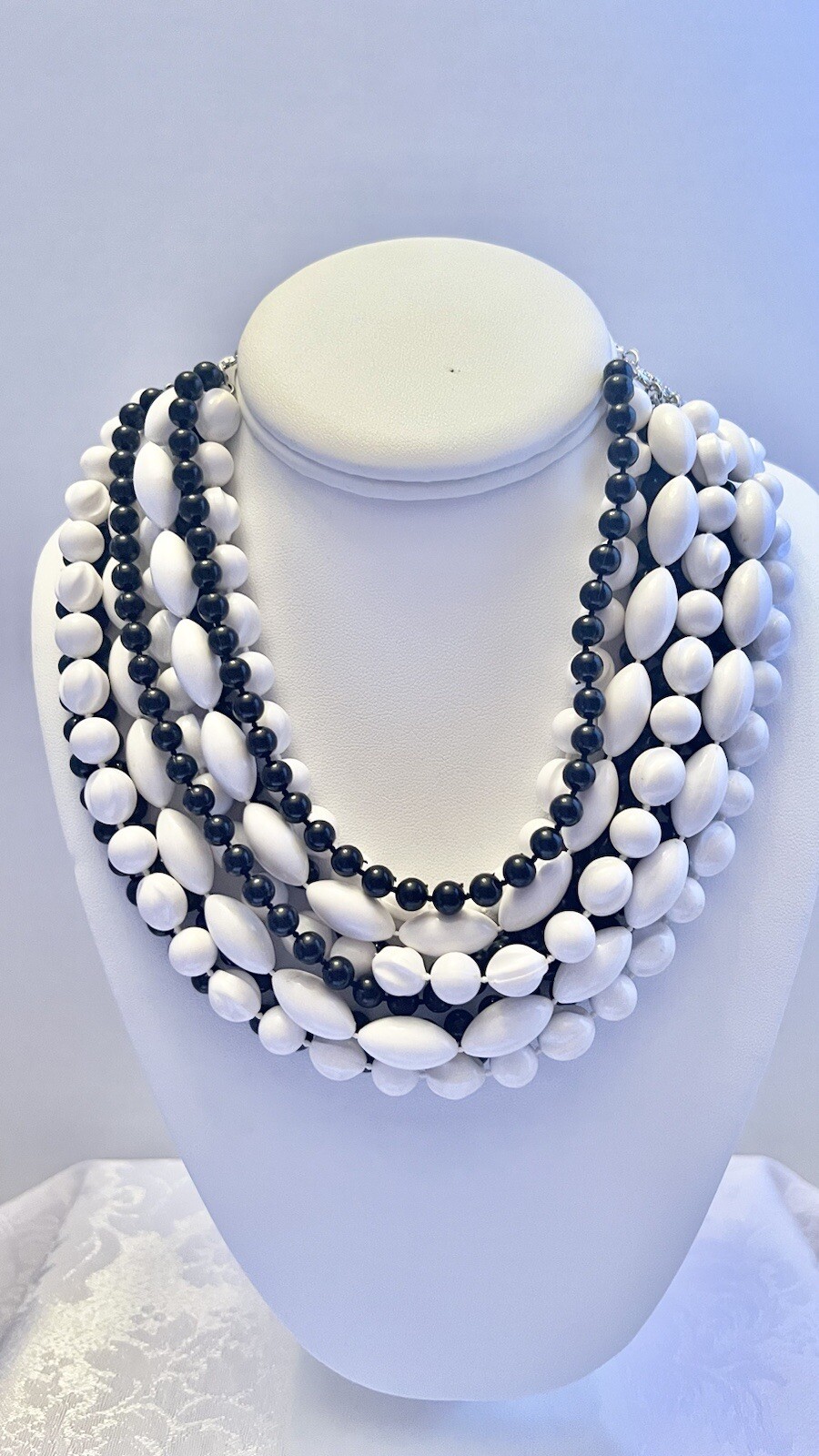 Vintage Black And White Multi Strand Necklace J Hook Closure Unique Scroll?Chain