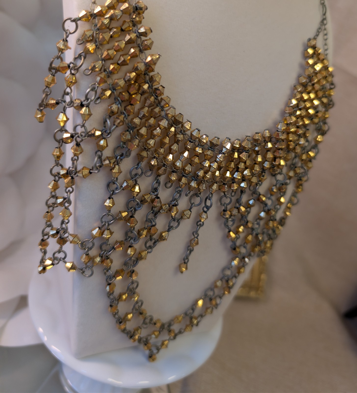 Vintage Couture Statement Bib Necklace 33.35g Gold Faceted Beads Fringe Chain