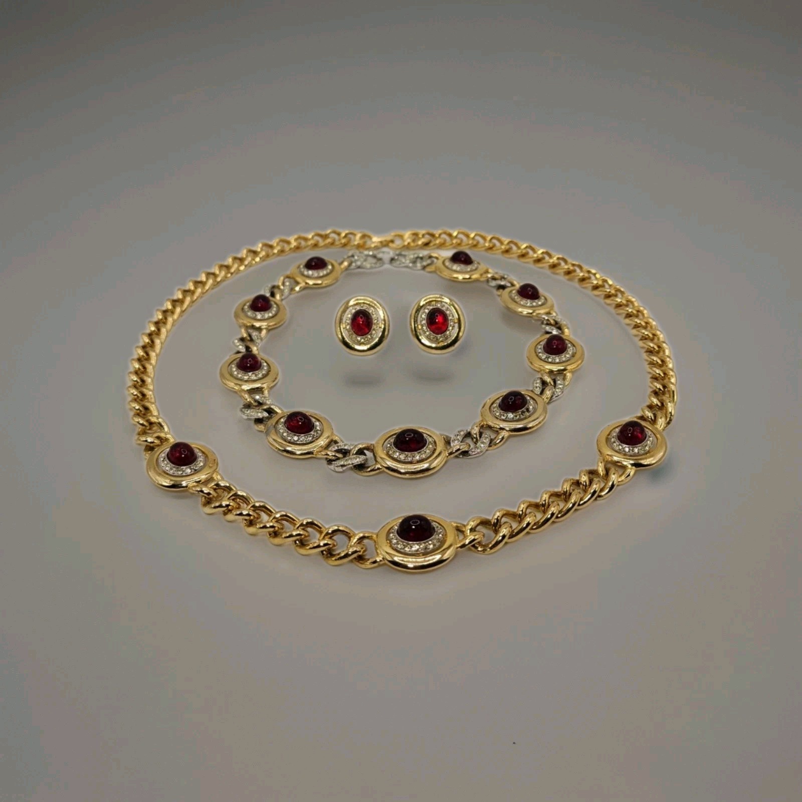 VINTAGE KENNETH LANE RARE 3 PIECE NECKLACE & EARRING SET GOLD RED CABOCHON