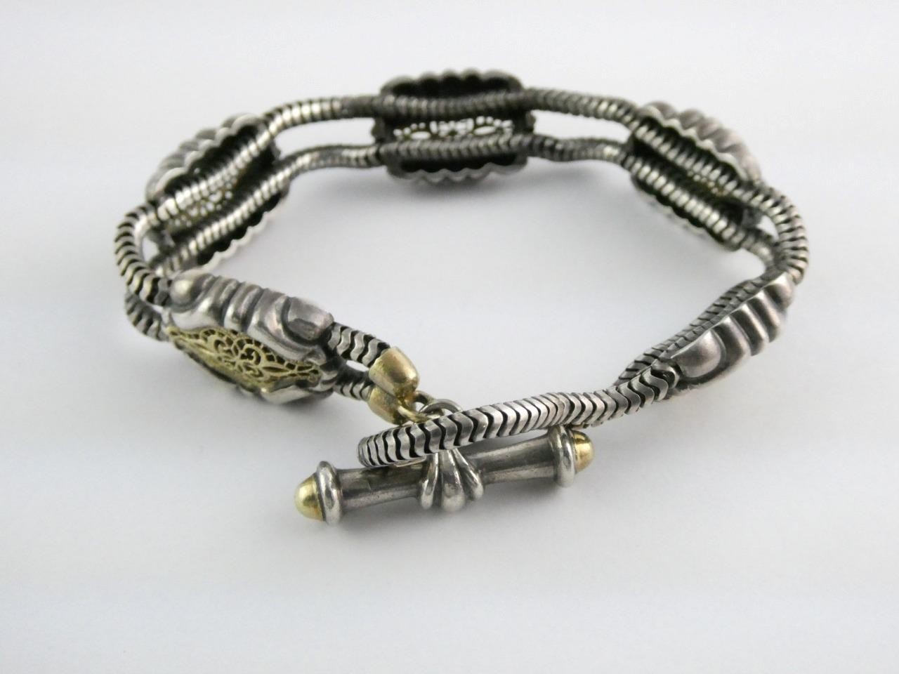 William Schraft Sterling Silver and 18k Gold Filigree Brutalist Bracelet 7.25 In