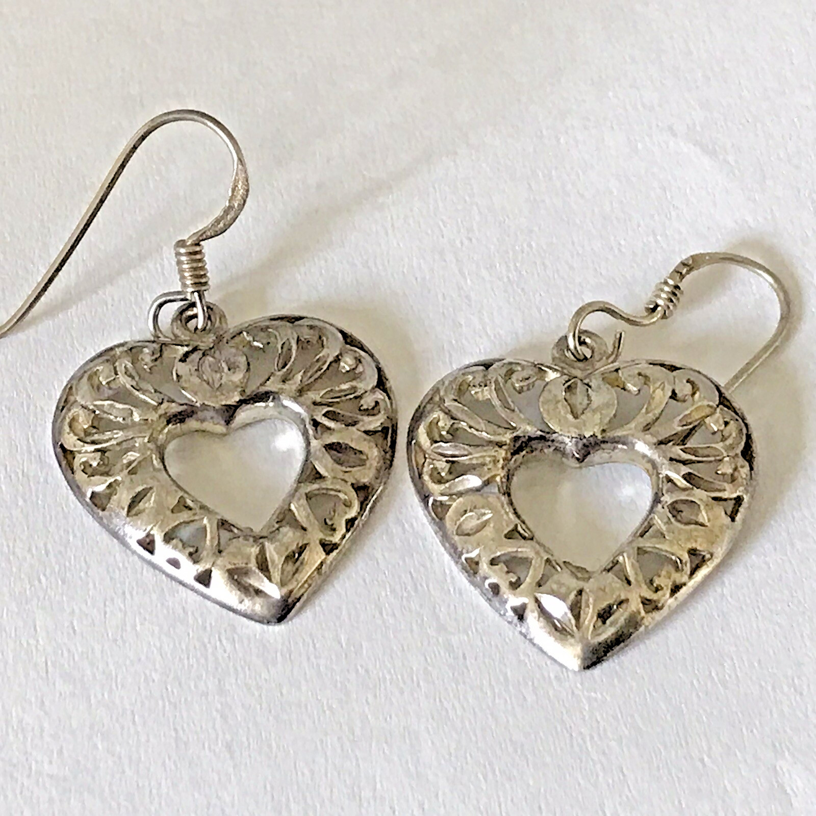 Vintage HAN 925 Sterling Silver Openwork Filigree Dangle Heart Pierced Earrings