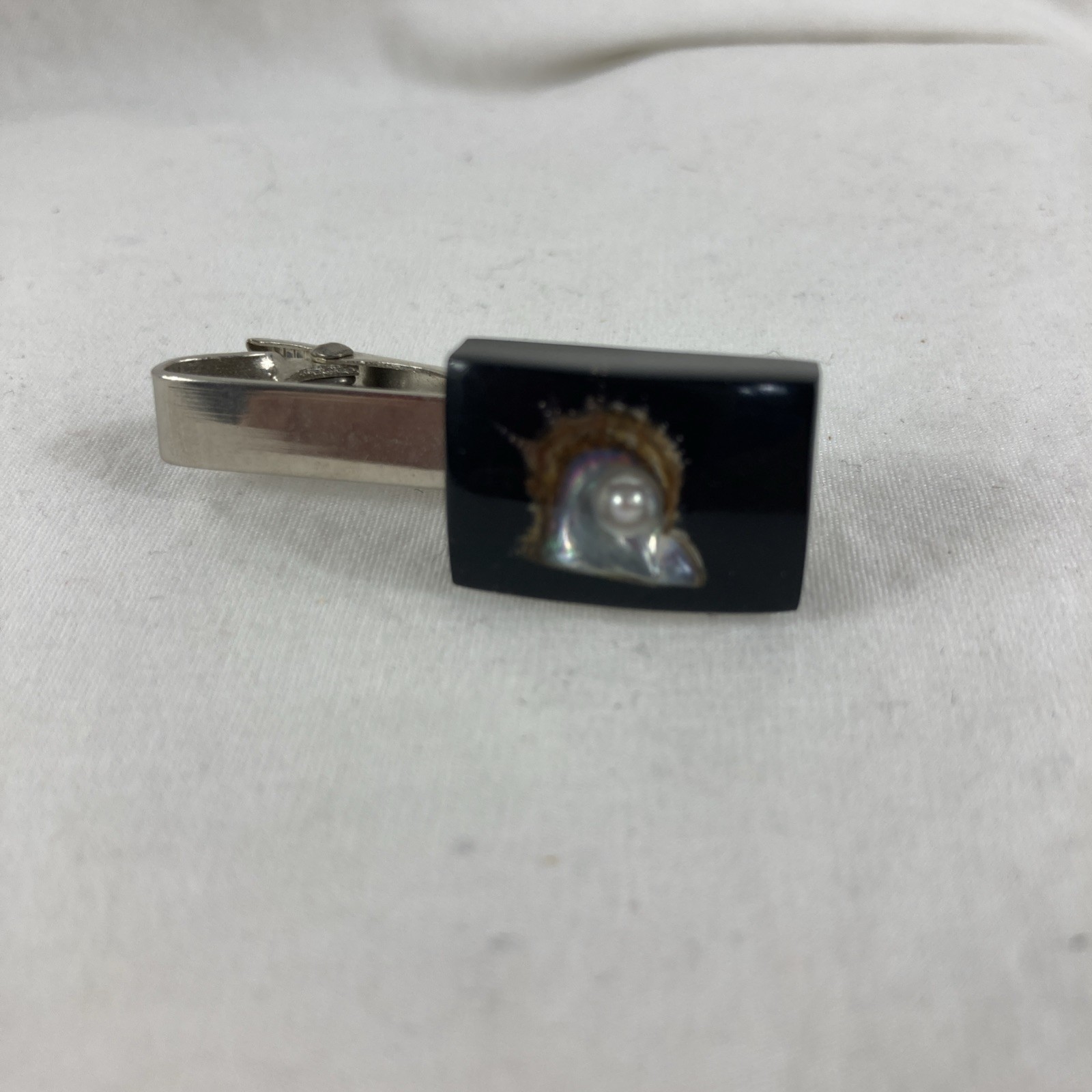 VTG Tie Clip Cuff Links Set Oyster Shell Pearl Inlay Black Resin Rectangle Japan