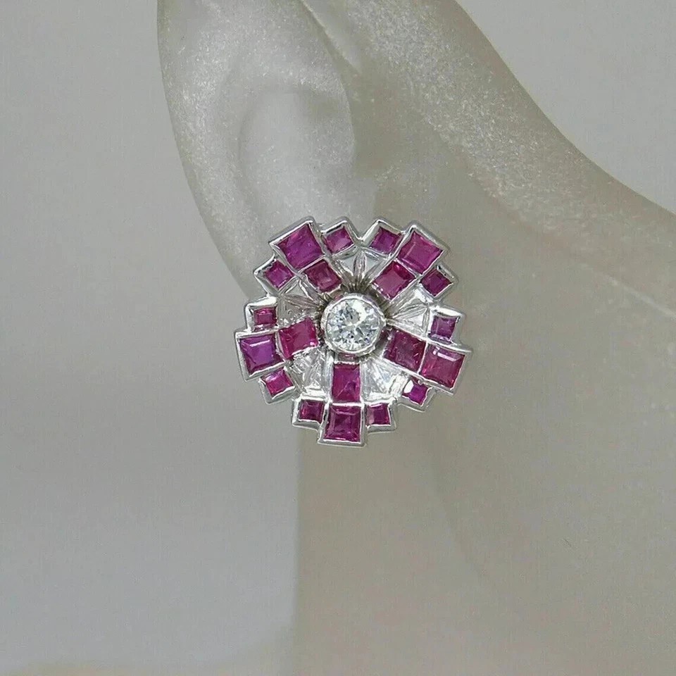 Art Deco Lab Created Diamond & Ruby 14K White Gold FN Floral Cluster Earrings