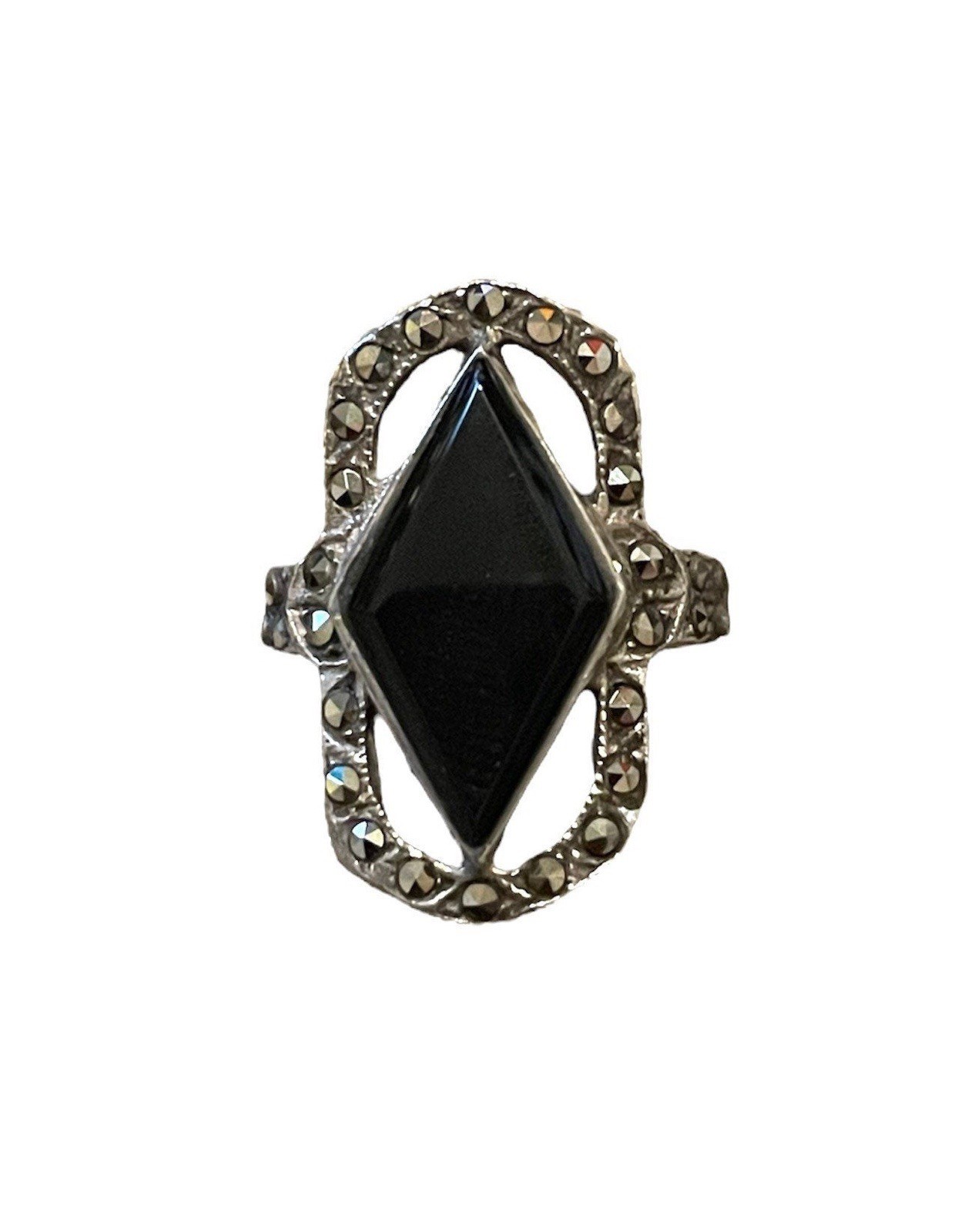 Diamond Black Onyx & Marcasite Sterling Silver Art Deco Ring