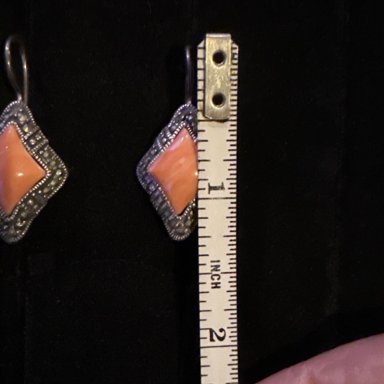 Vintage 925 Sterling Silver Marcasite & Faux Coral Earrings 1.5”