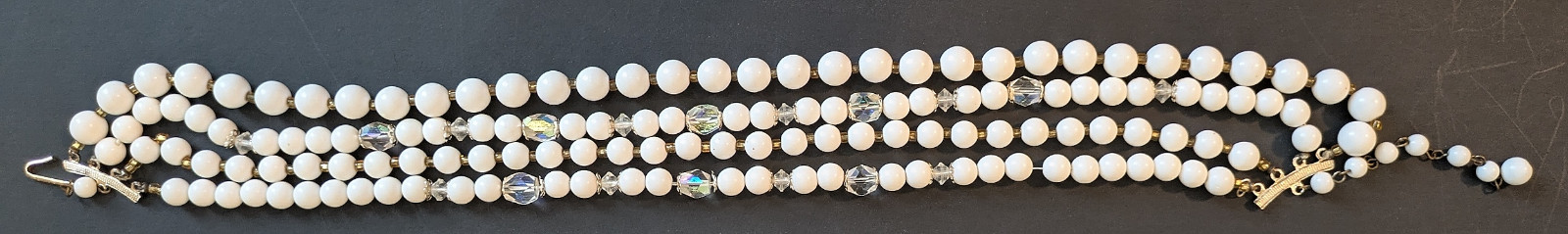 1950s Four Strand White Beads & Austrian Crystal Aurora Borealis Necklace Japan