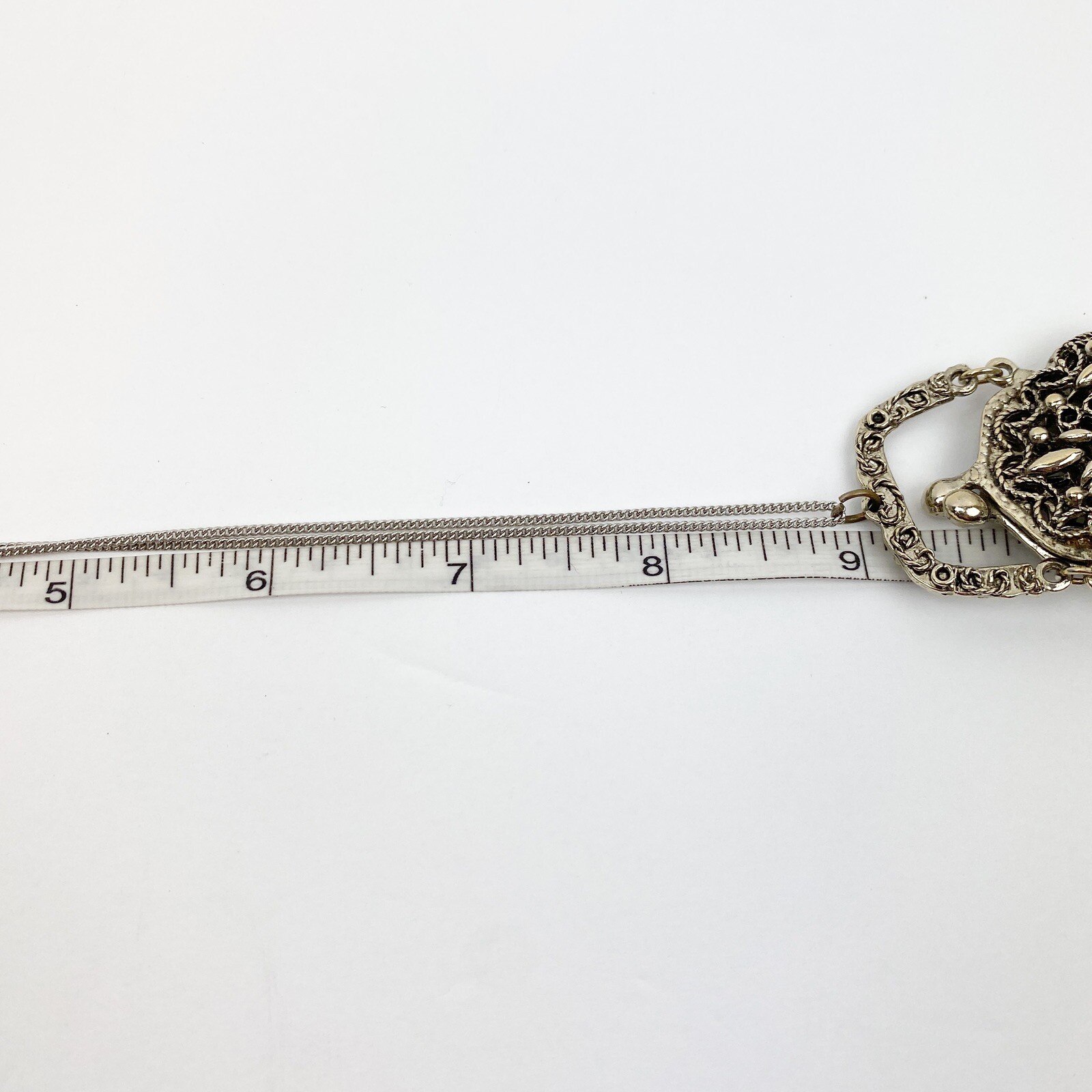 Vintage ART Arthur Pepper Necklace Metal Filigree Hinged Kiss Lock Purse Pendant