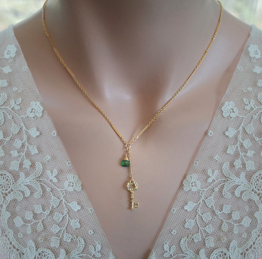 Emerald Green Crystal & Vermeil Key Necklace 14K Gold Filled Bar Link Chain