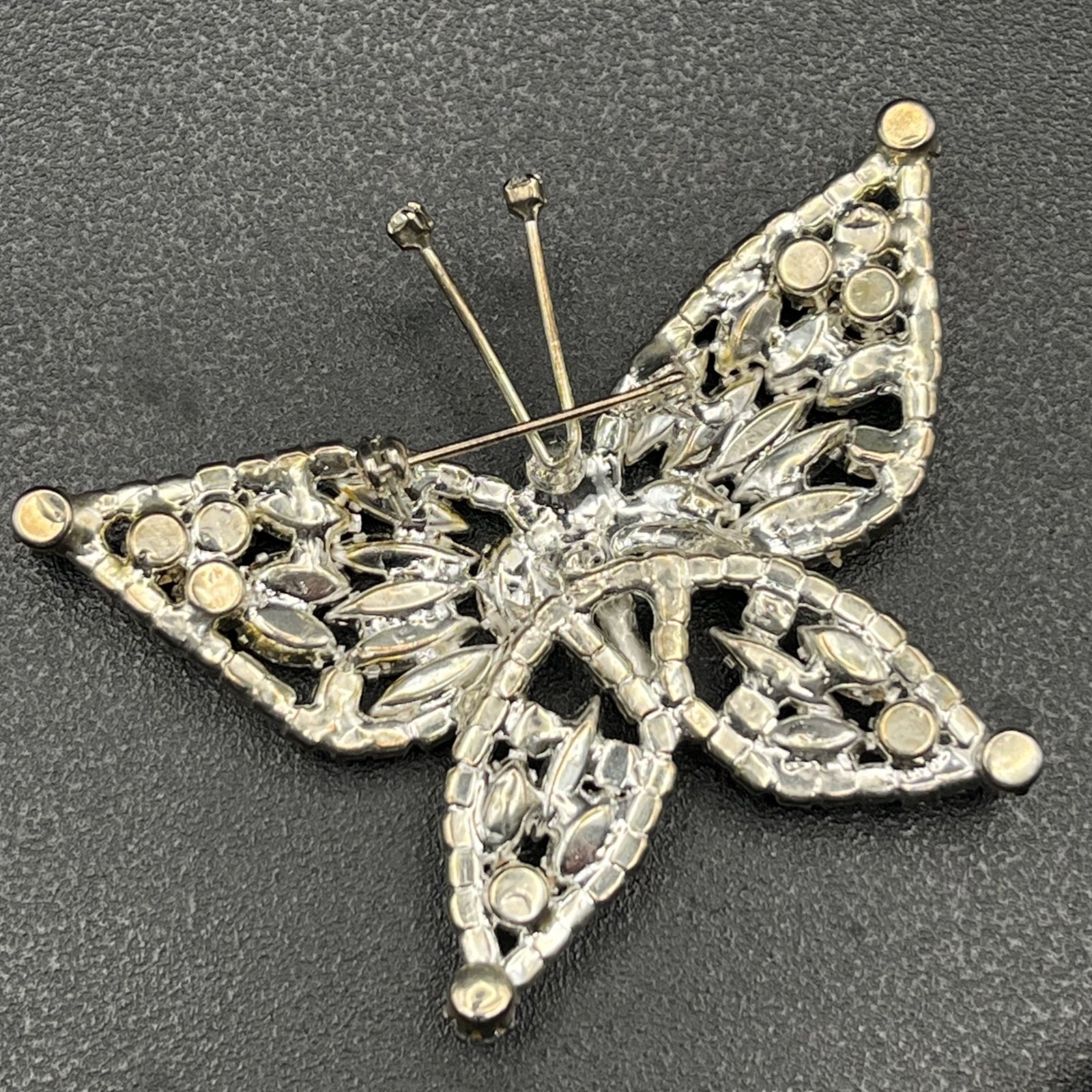 Mid Century Rhinestone Butterfly Brooch Silver Tone Navette Wings