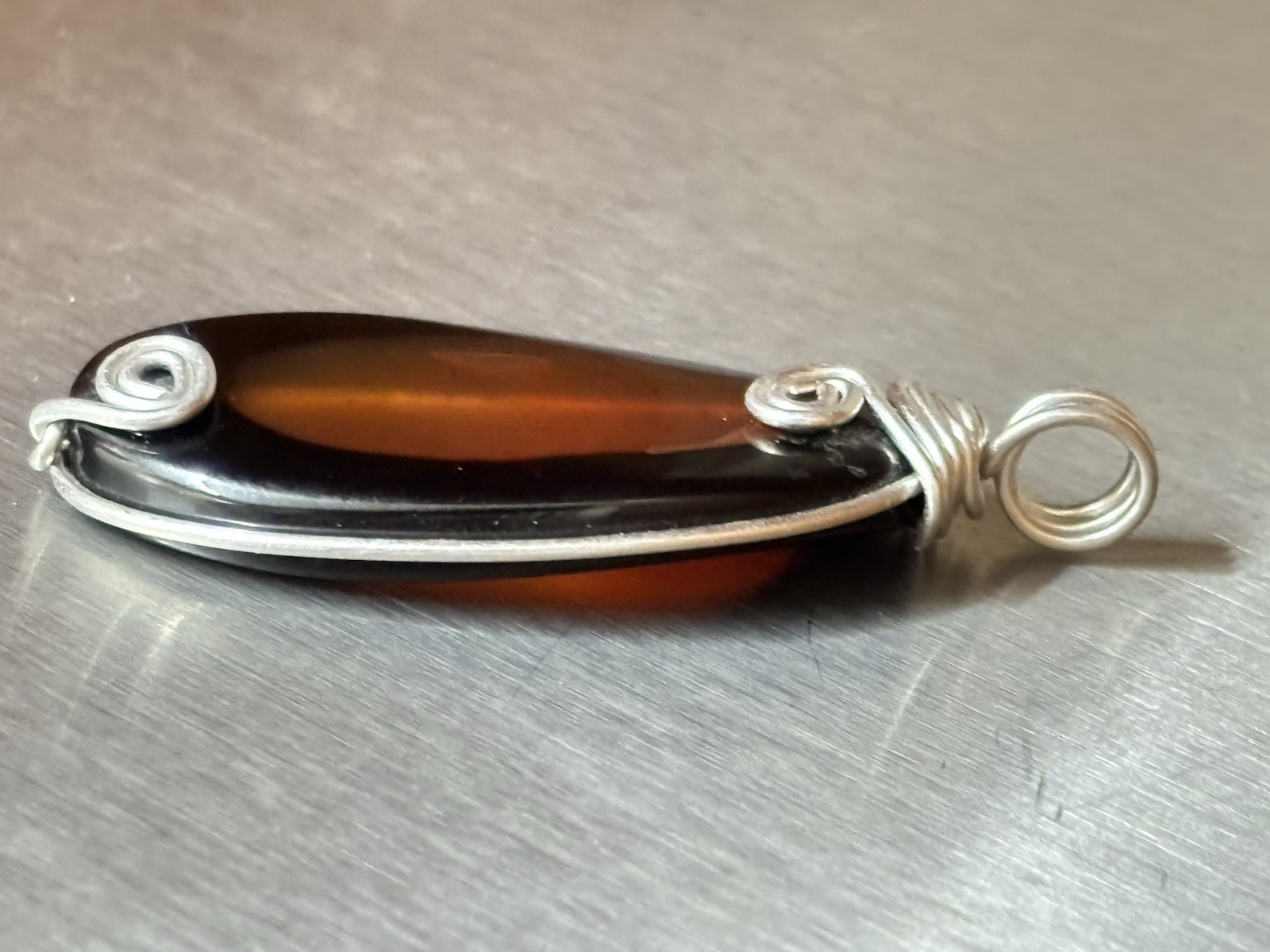 Handmade Wire Wrapped Pendant Dk Amber Orange Translucent Stone or Glass Artisan