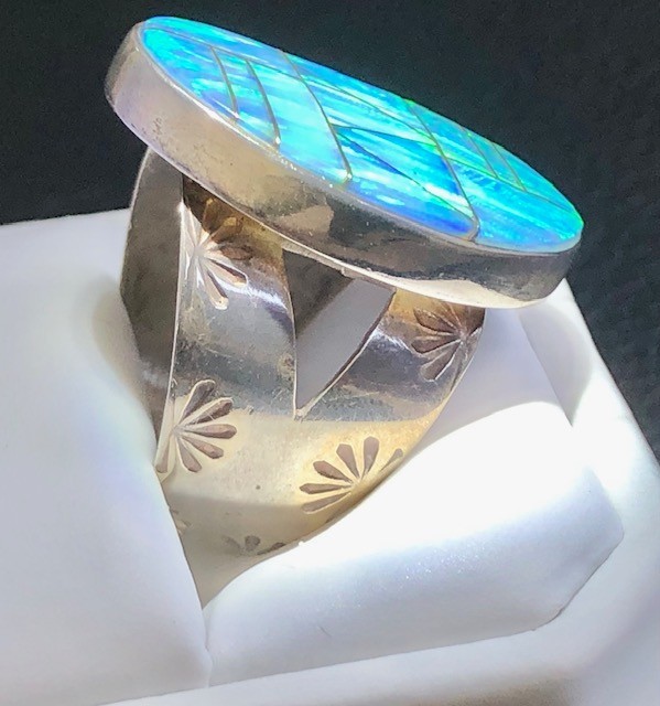 FaBuLoUs Ice blue lavender fire Opal Ring 8 Sterling Large Vintage Native Art