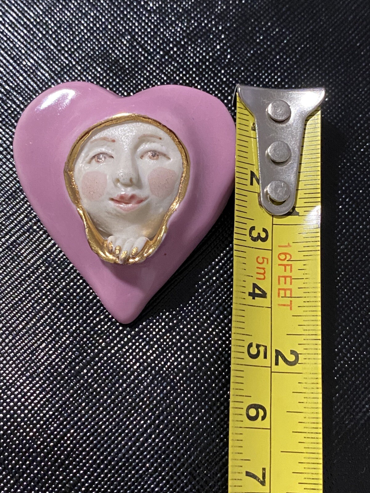 VNTG Clay Heart W/Face Getting Out Of Heart 3-D brooch Art deco Hand Made Sign
