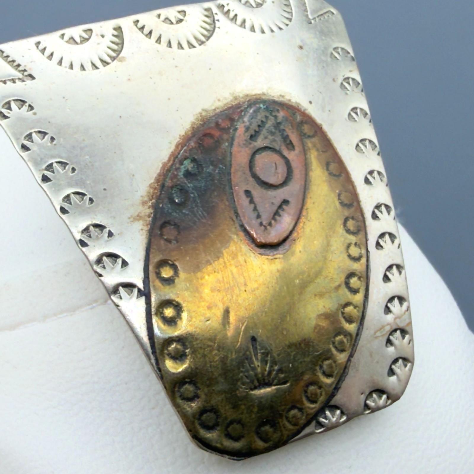 Vintage Sterling Silver Bolo Tie Slide Southwestern Stamped Mixed Metal Artisan
