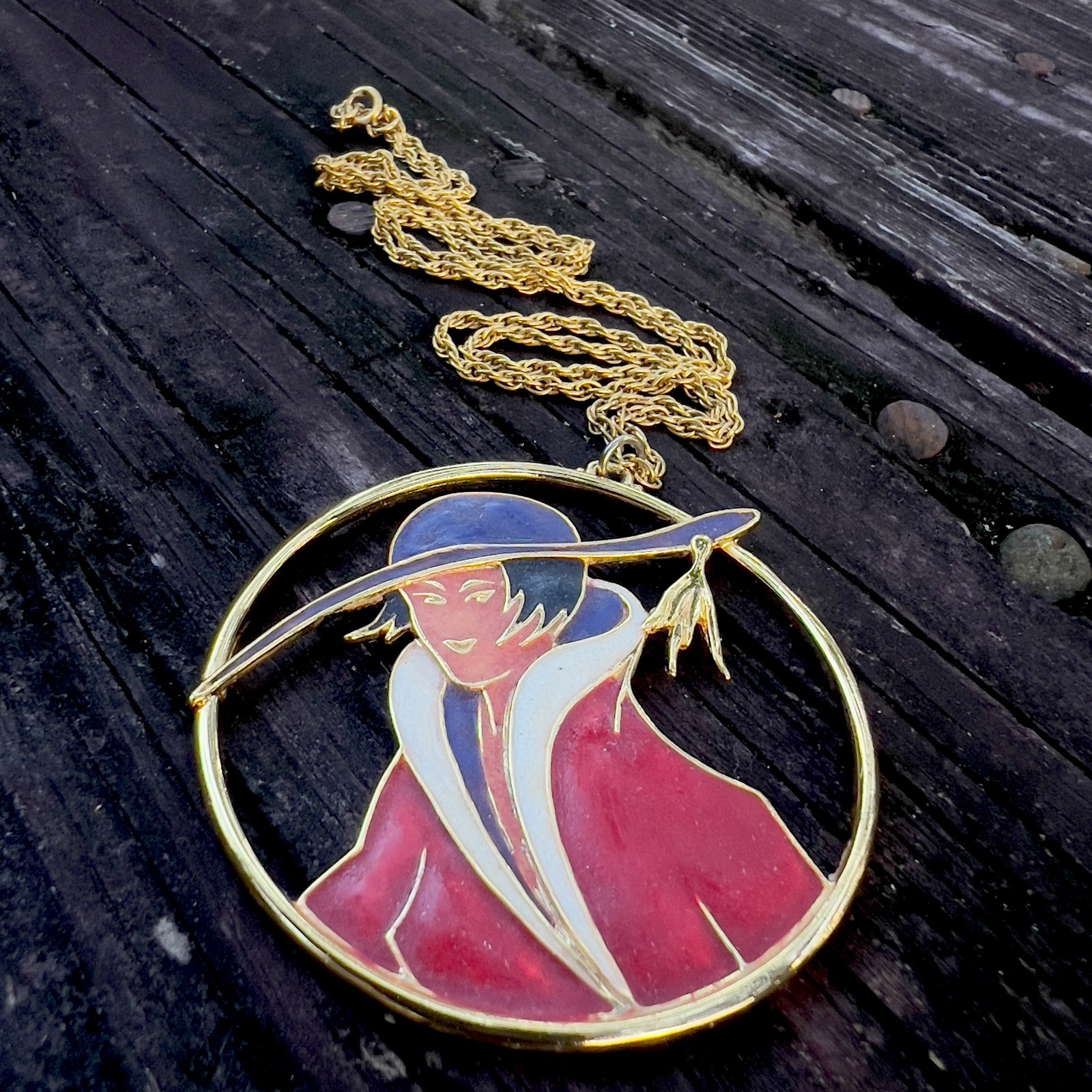 Vtg ORENA Paris Enamel French Art Deco Style Sophisticated Lady Necklace