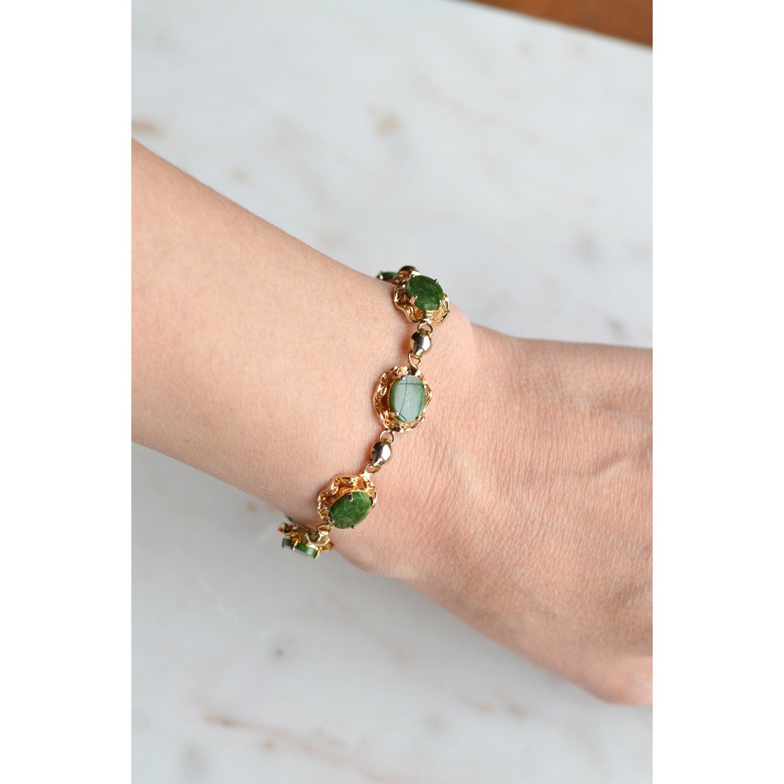 Vintage Alice Caviness Jade Bracelet | 12K Gold Filled Filigree Link | Signed