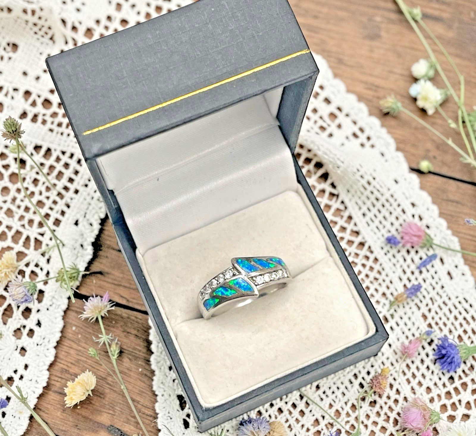 Blue Fire Opal with CZ Accents 925 Sterling Band Ring, size 8.25