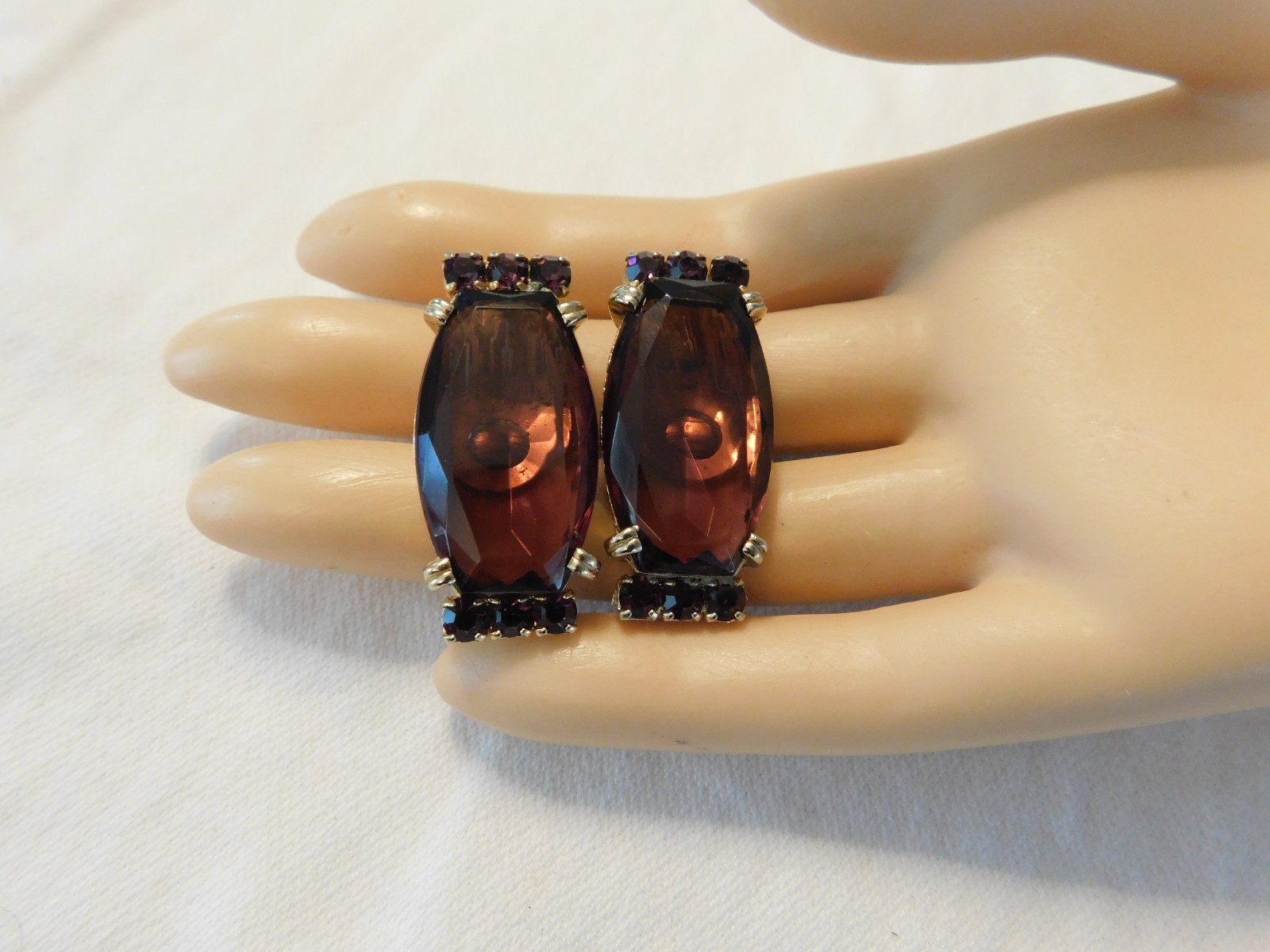 Purple Amethyst Faceted Glass Rhinestone Clip on Earrings
