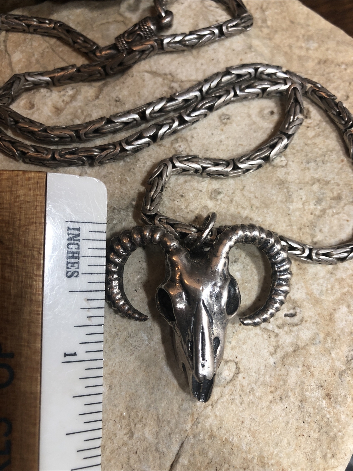 Rare Sterling 925 Solid 3mm Byzantine chain 20″ RAM’s SKULL Pendant Necklace 51g