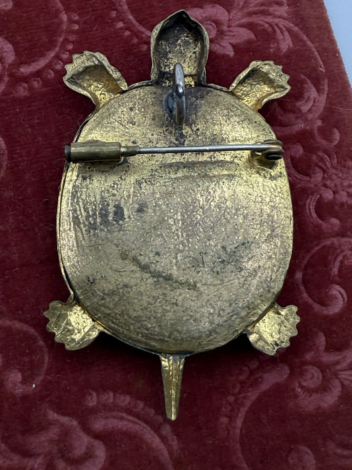Antique Brass Turtle Brooch Pendant 1900s Green Glass Stone Trombone Clasp J80