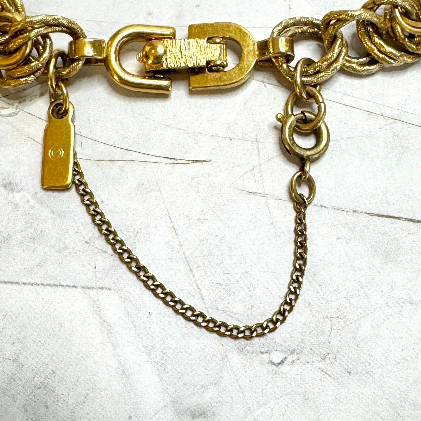 Vintage Monet Charm Bracelet Gold Tone Double Link 6 Charms Globe Kitten Cross