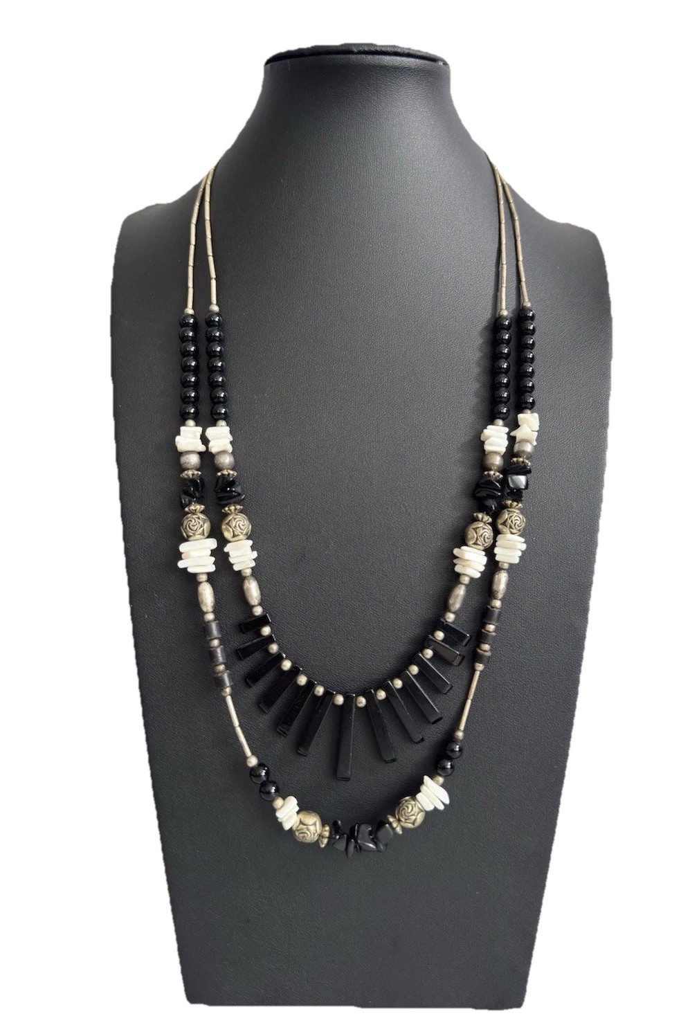 Vtg Silver Tone Liquid Silver Black Onyx Bead & Fringe 2-Strand Layered Necklace